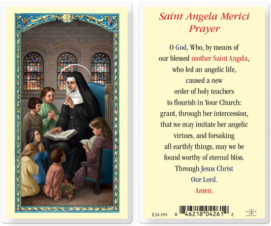 Prayer card featuring a illustration of Saint Angela Merici with children and text.