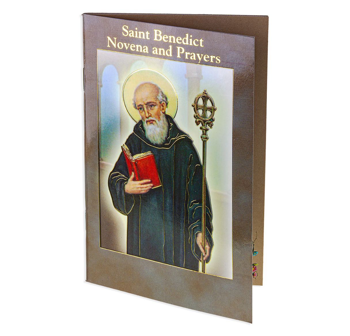 Booklet cover featuring an illustration of Saint Benedict with a staff and book, titled 'Saint Benedict Novena and Prayers'.