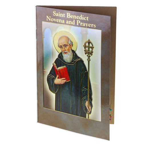 Booklet cover featuring an illustration of Saint Benedict with a staff and book, titled 'Saint Benedict Novena and Prayers'.