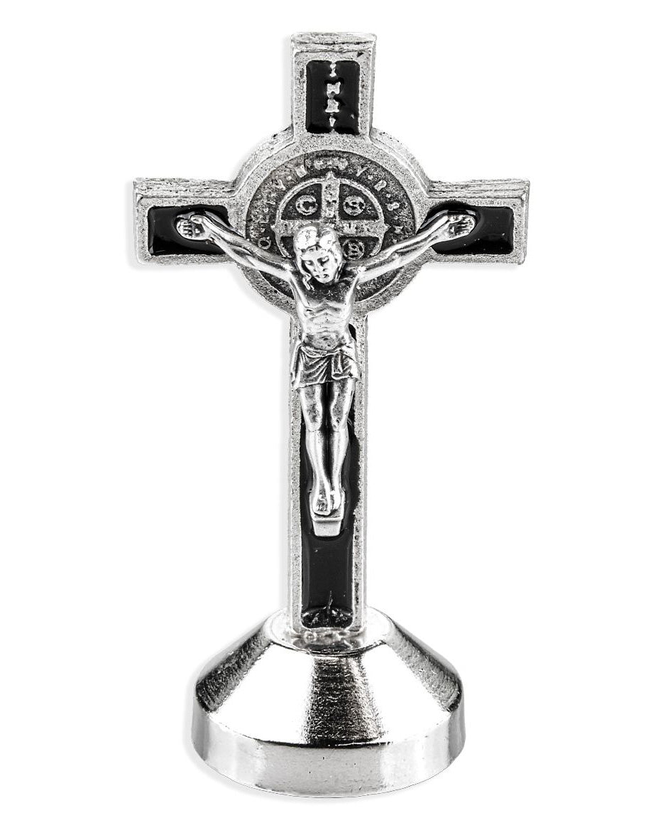 Silver St. Benedict car-crucifix with a white background