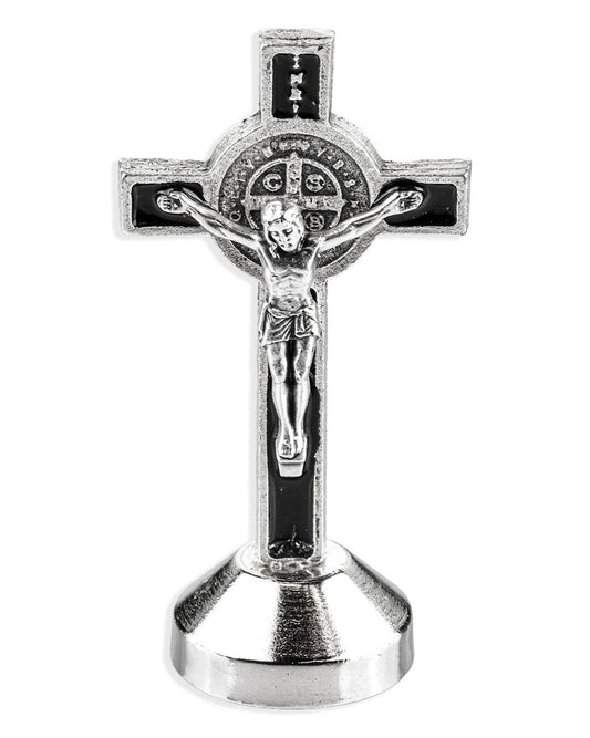 Silver St. Benedict car-crucifix with a white background