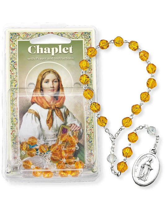 Yellow chaplet with prayer card on a white background
