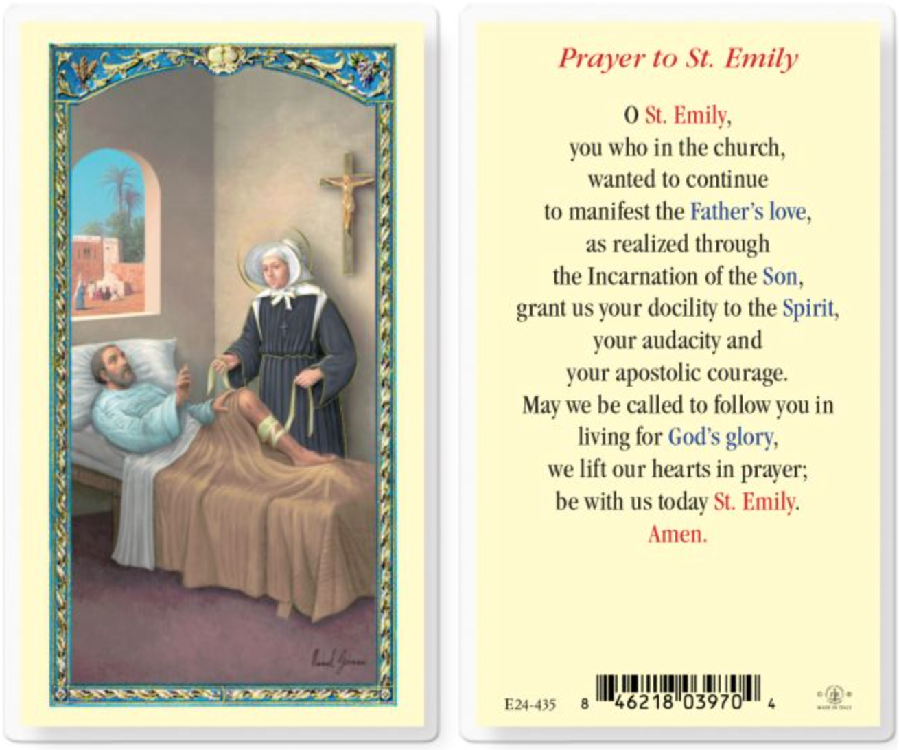 Prayer card featuring an illustration of a nun tending to a patient in a hospital bed, with text on the right side.