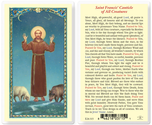 Card featuring Saint Francis with two animals, one sheep and one wolf, on a blue background with text.
