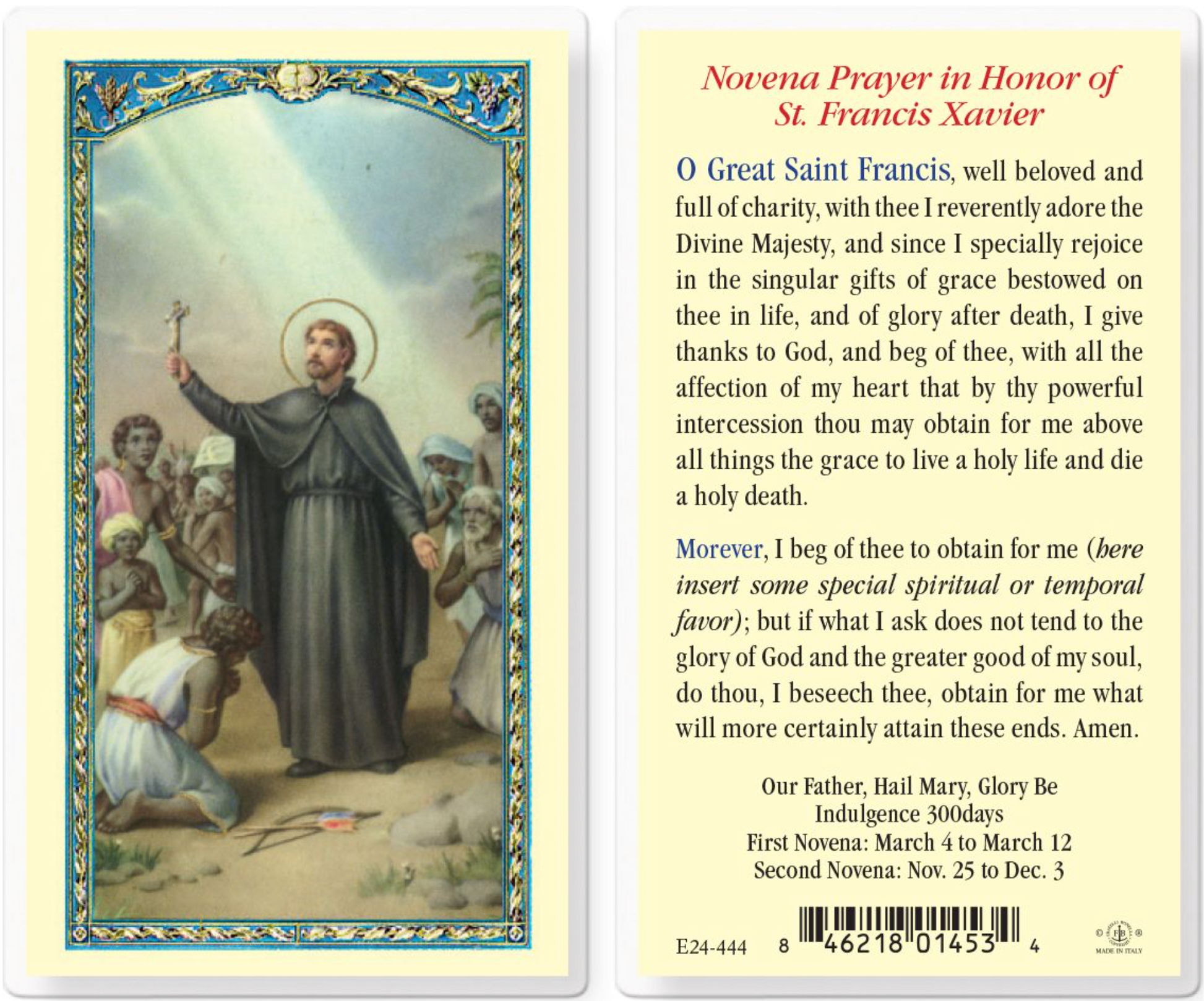 Novena prayer card in honor of St. Francis Xavier with an illustration on one side and text on the other.