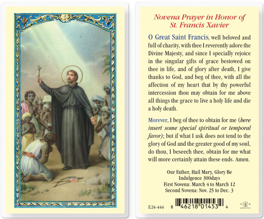 Novena prayer card in honor of St. Francis Xavier with an illustration on one side and text on the other.