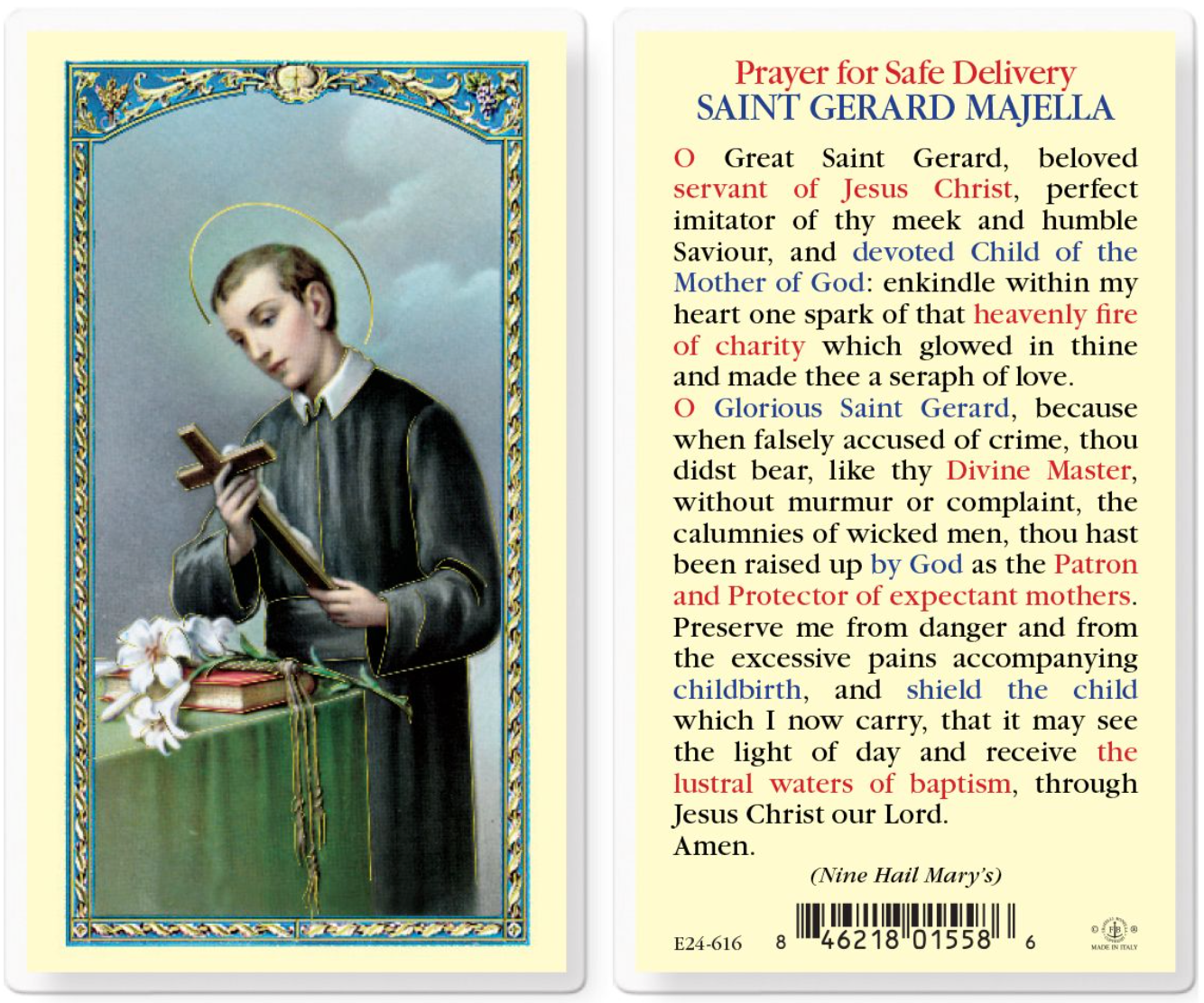Saint Gerard Majella prayer card with an illustration of a man holding a cross and a prayer text on a yellow background.