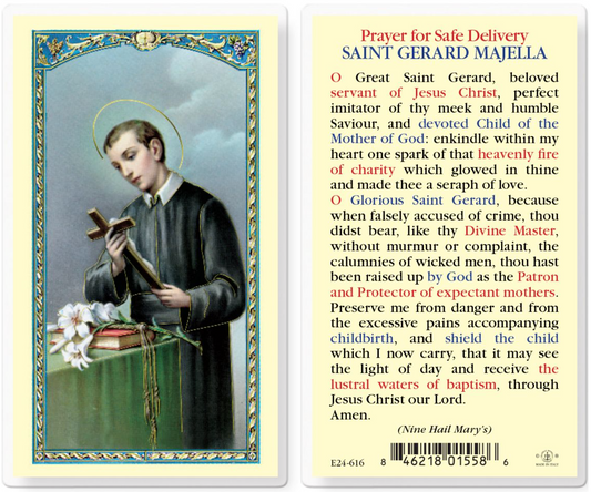 Saint Gerard Majella prayer card with an illustration of a man holding a cross and a prayer text on a yellow background.