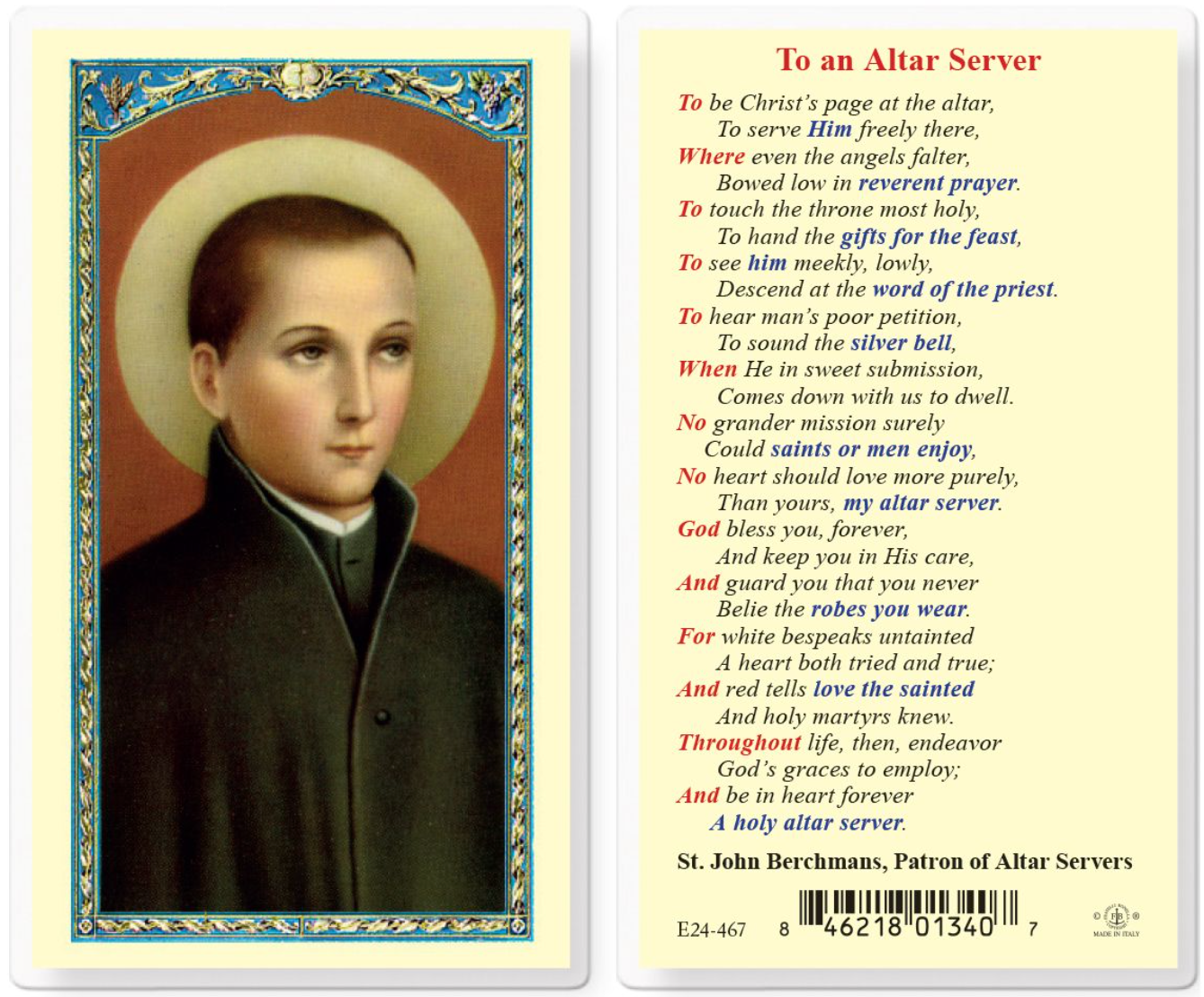 Devotional card with a portrait of a religious figure on one side and text on the other, featuring St. John Berchmans.