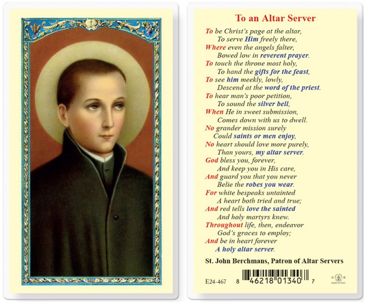 Devotional card with a portrait of a religious figure on one side and text on the other, featuring St. John Berchmans.
