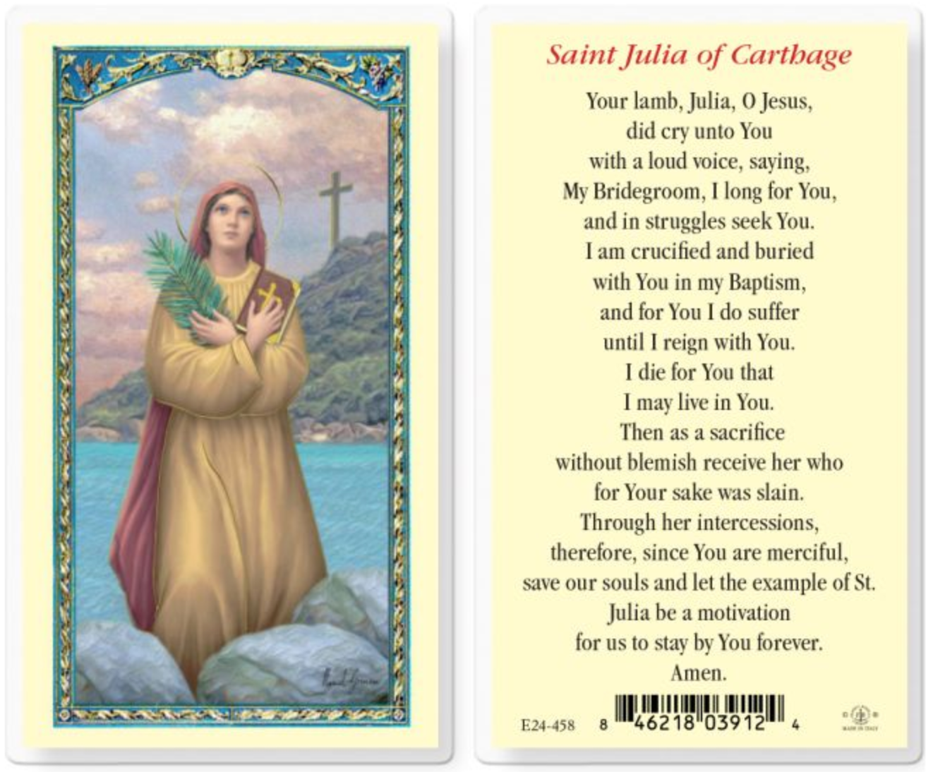 Laminated prayer card featuring an illustration of a saint with a scenic background and text.