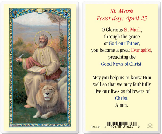 Religious card featuring St. Mark with a lion and prayer text on a yellow background