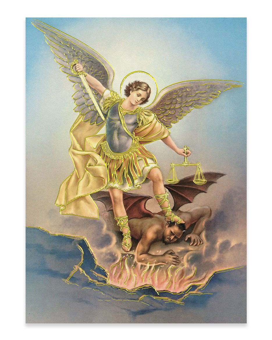 Stylized illustration of an angel with a dragon, on a blue and pink gradient background