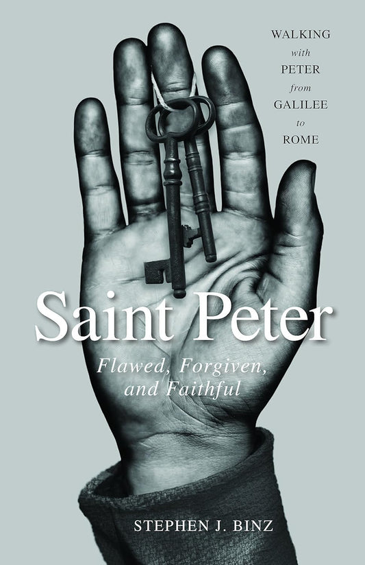Book cover of 'Saint Peter: Flawed, Forgiven, and Faithful' with a hand holding keys against a gray background.