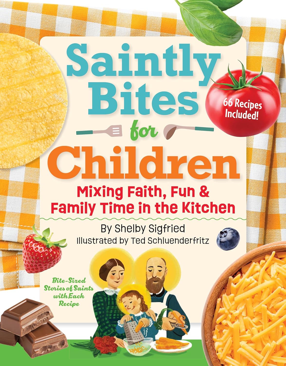 Book cover of 'Saintly Bites for Children' with checkered tablecloth and food illustrations.