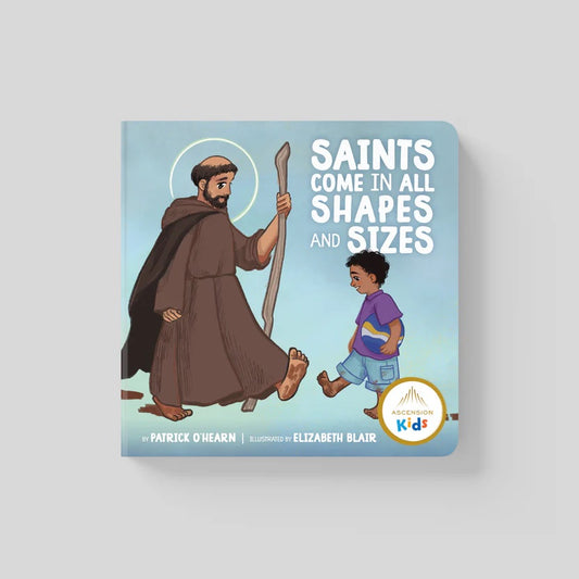 Book cover with illustration of a saint and a child, featuring the text 'Saints Come in All Shapes and Sizes'.