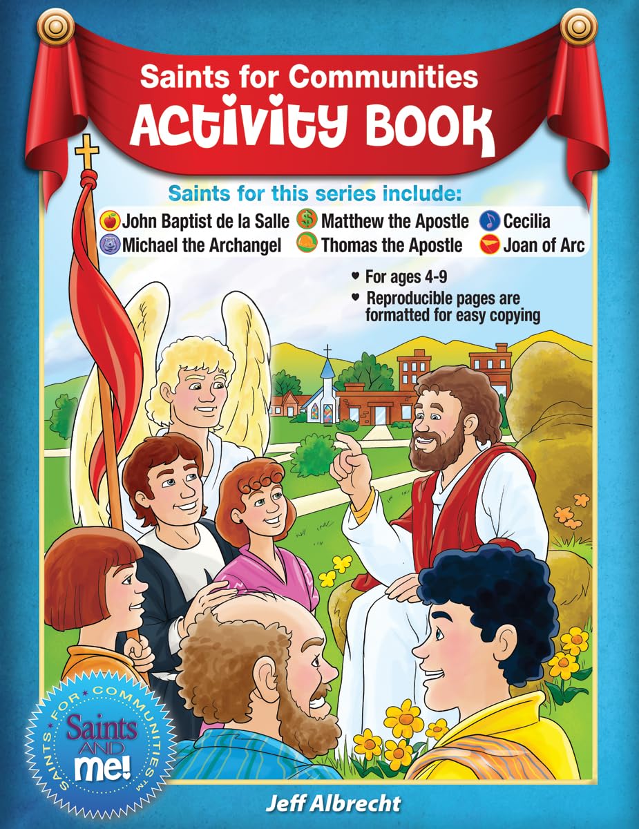 Activity book cover with cartoon illustration of saints and children, featuring a blue background and red banner.