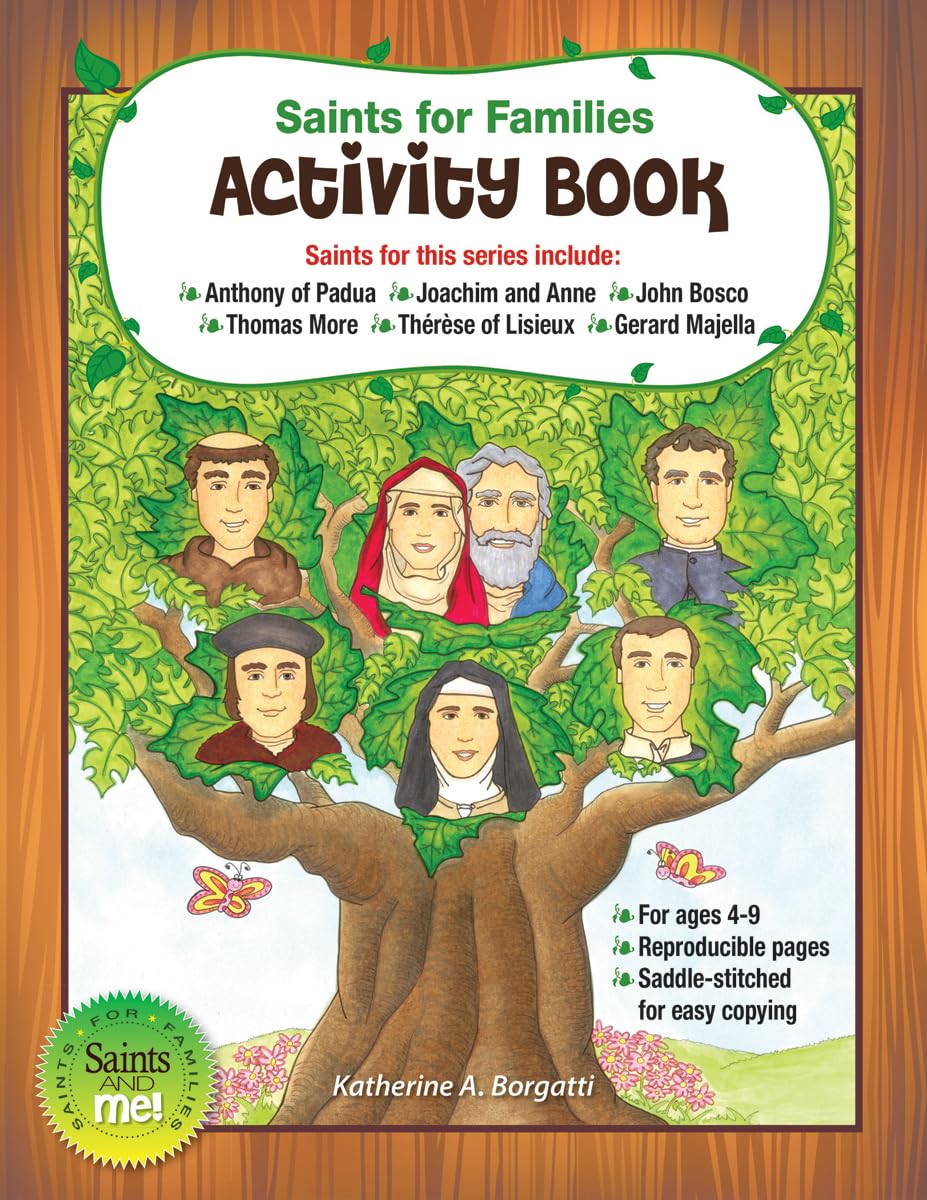 Activity book cover titled 'Saints for Families Activity Book' with illustrations of saints and a tree.