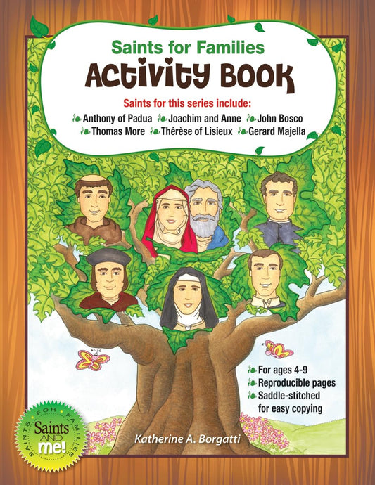 Activity book cover titled 'Saints for Families Activity Book' with illustrations of saints and a tree.