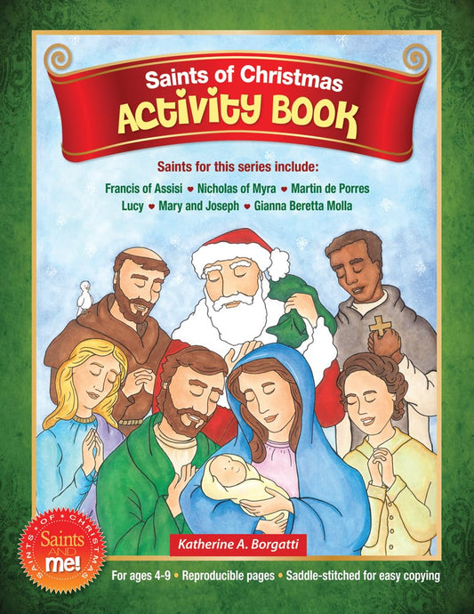 Saints of Christmas Activity Book cover with illustrations of religious figures and Santa Claus.