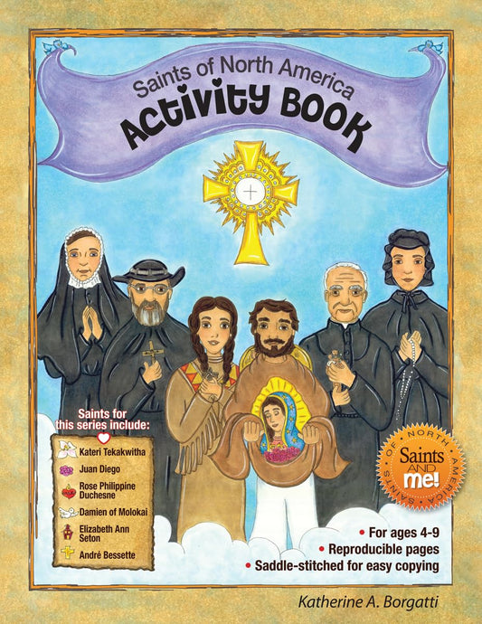 Activity book cover featuring illustrations of saints with a religious theme.