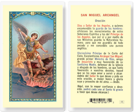 Laminated prayer card featuring Saint Michael the Archangel with Spanish prayer text on a yellow background.