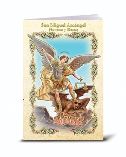 Booklet with an illustration of Saint Michael the Archangel defeating the devil on a white background