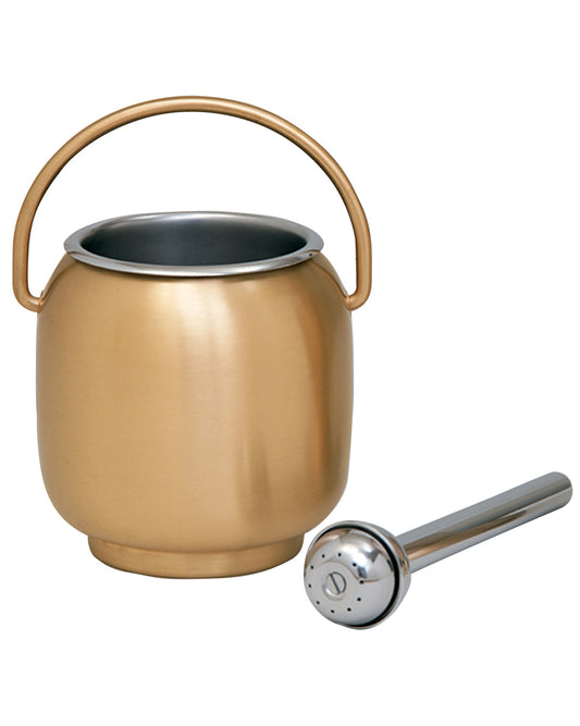 Gold-colored ice cream bucket with a silver scoop on a white background
