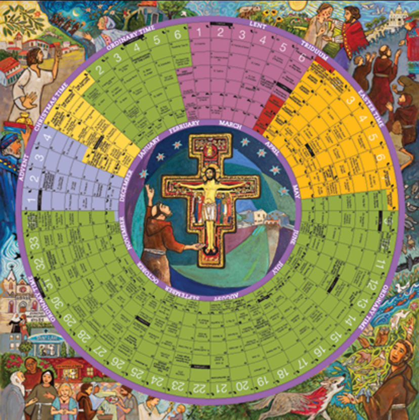 Circular religious calendar with colorful illustrations and text