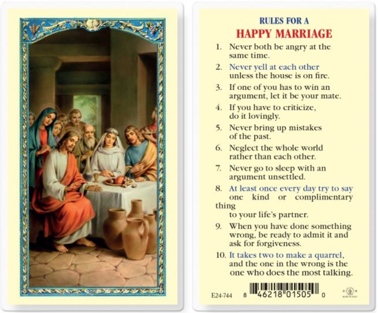 Rules for a Happy Marriage Holy Card