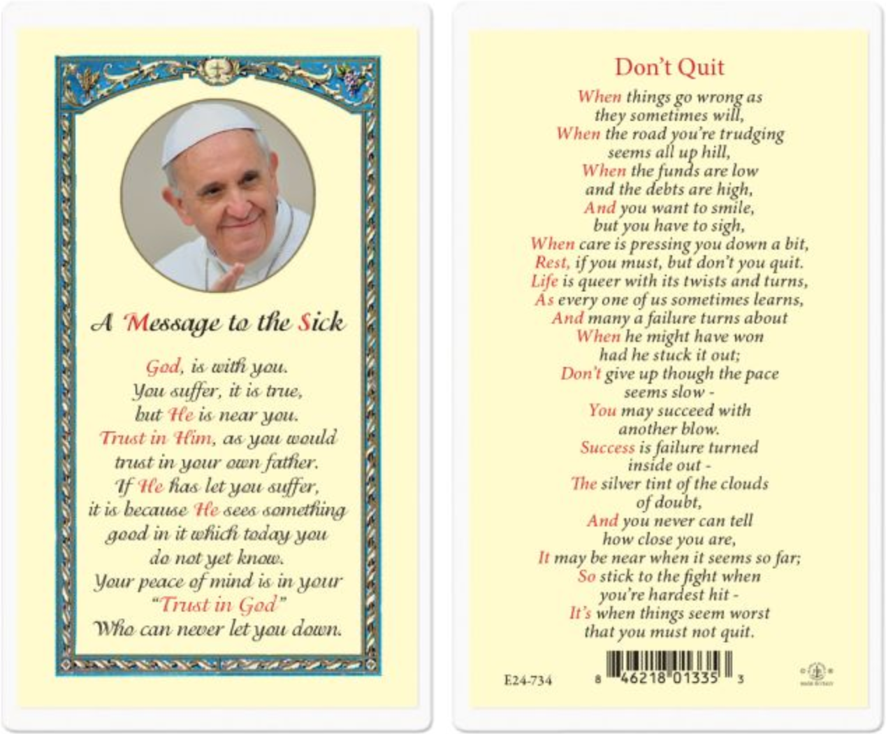 A Message to the Sick: Don't Quit Holy Card