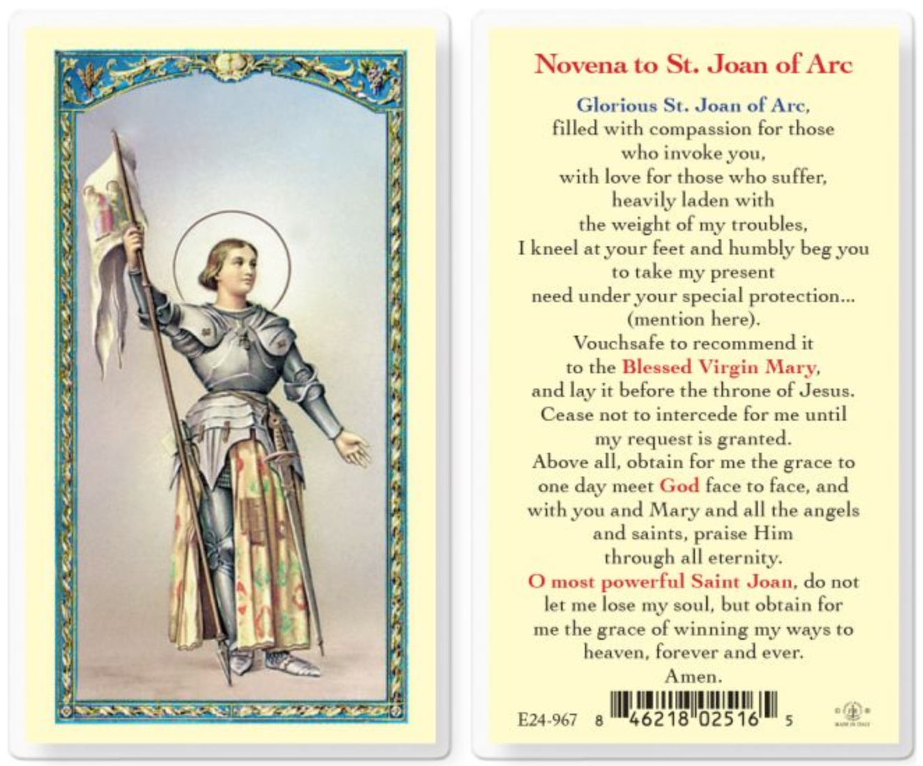 Novena to Saint Joan of Arc Holy Card
