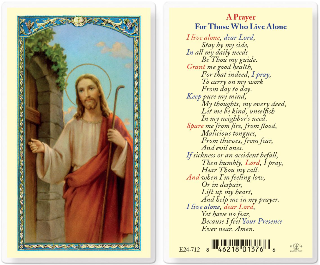 Prayer for Those Who Live Alone Holy Card