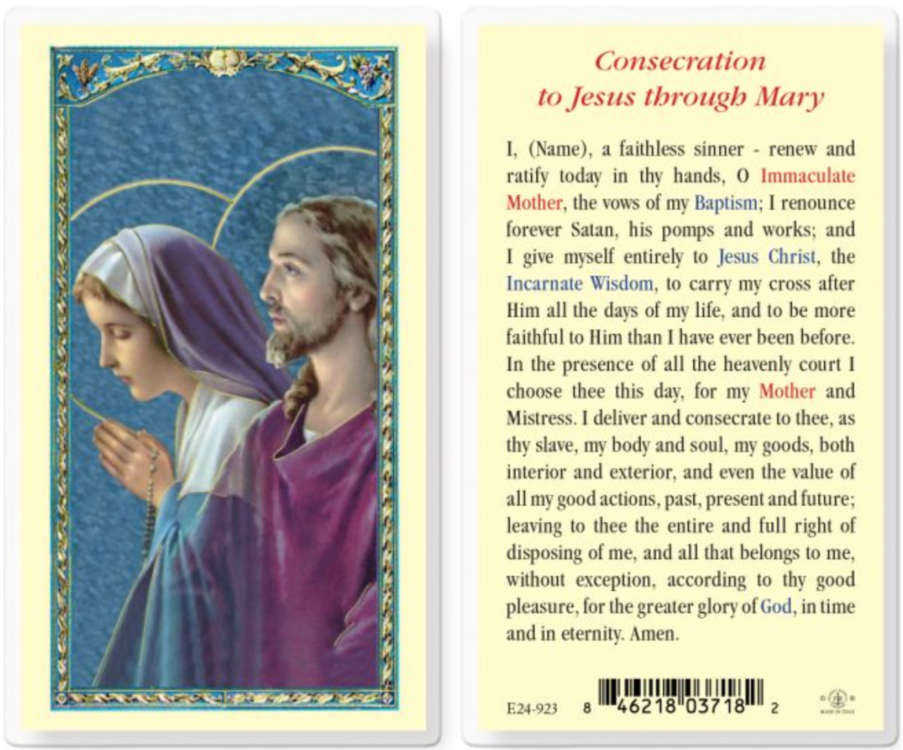 Consecration to Jesus through Mary Laminated Holy Card