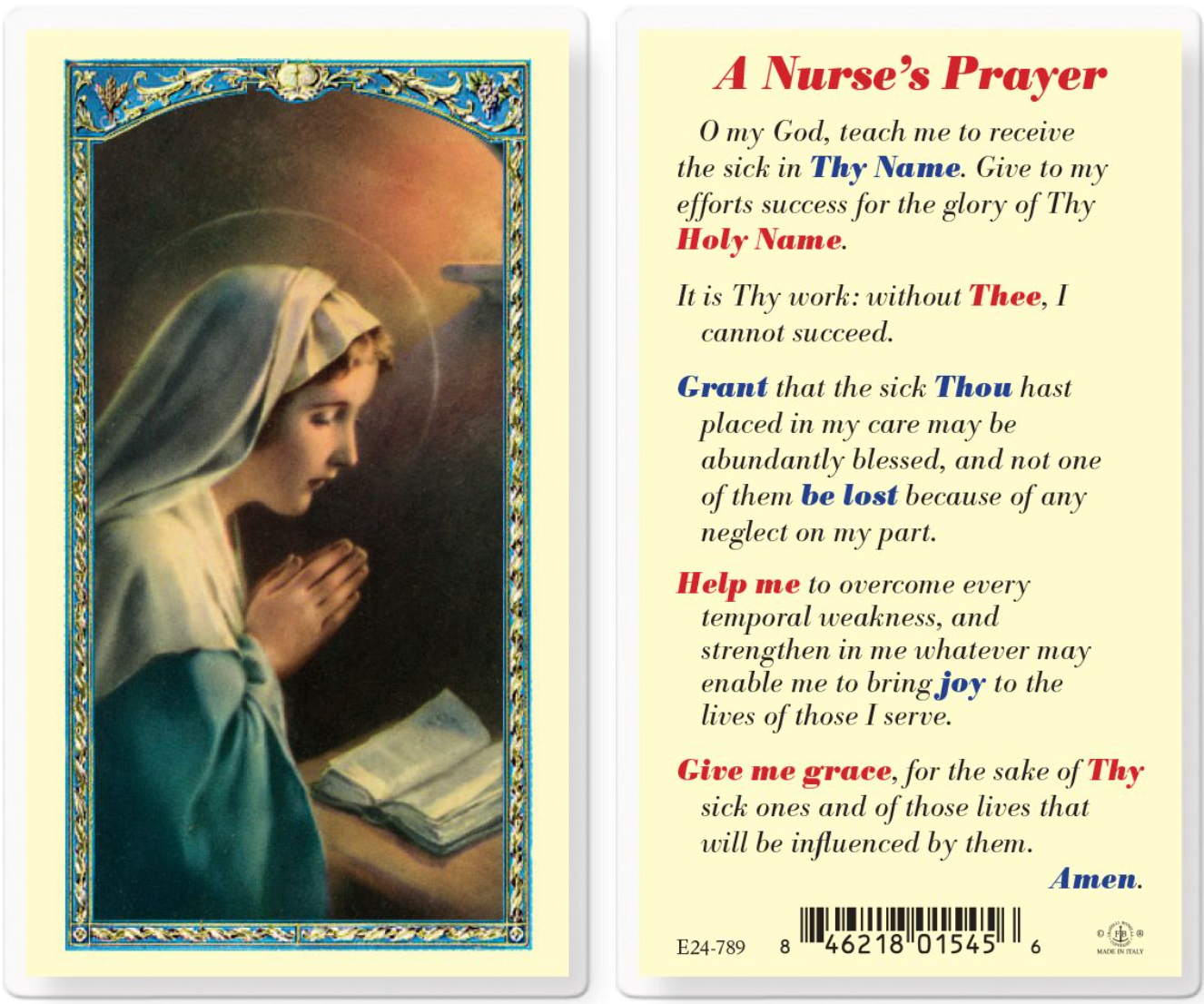 A Nurse's Prayer Laminated Holy Card