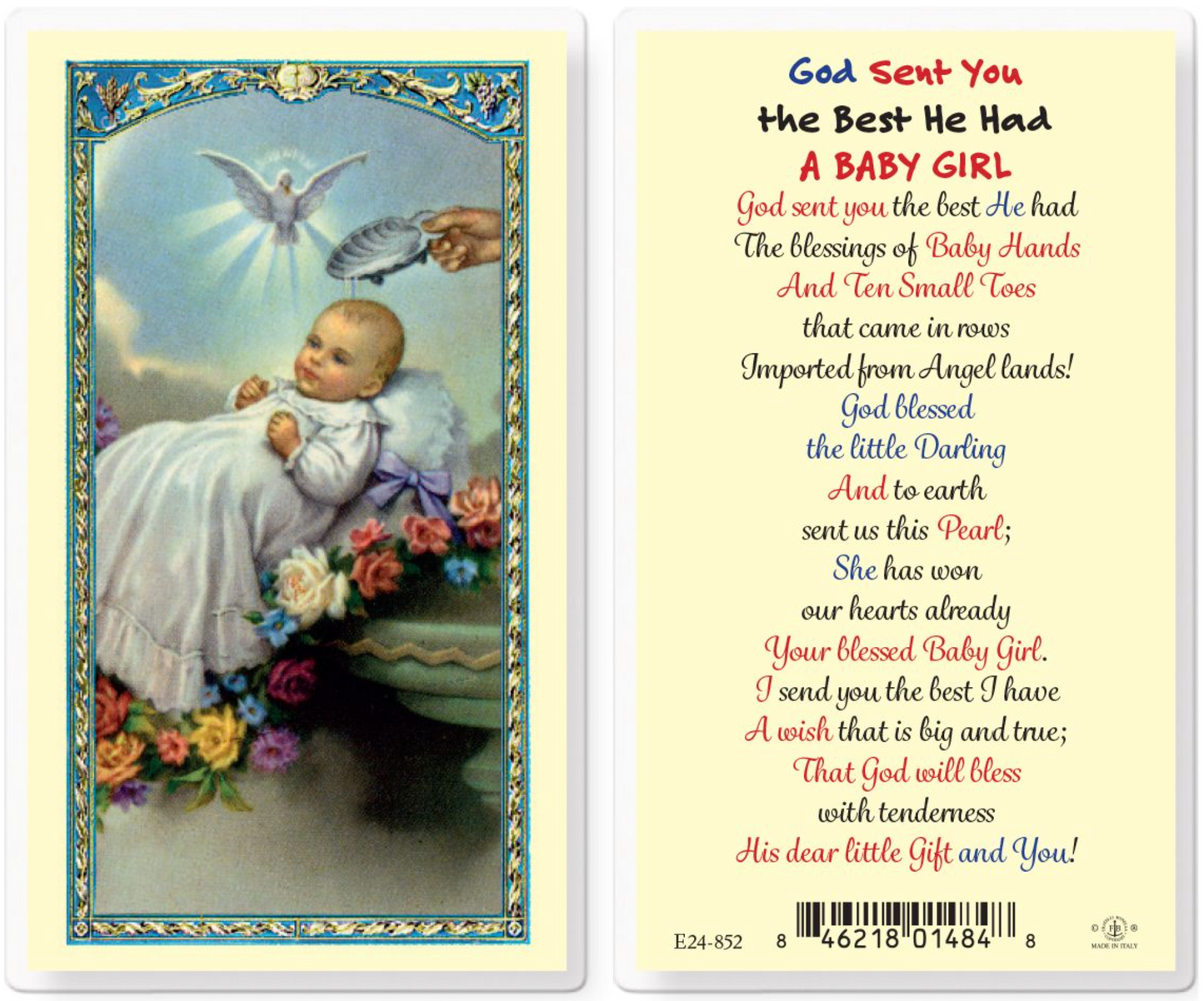 Baptism Holy Card: God Sent You the Best He Had a Baby Girl