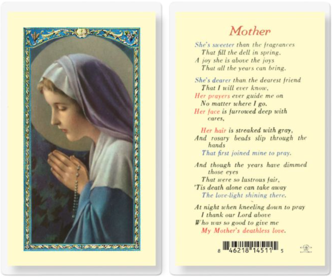 Mother - Madonna Praying Rosary Holy Card