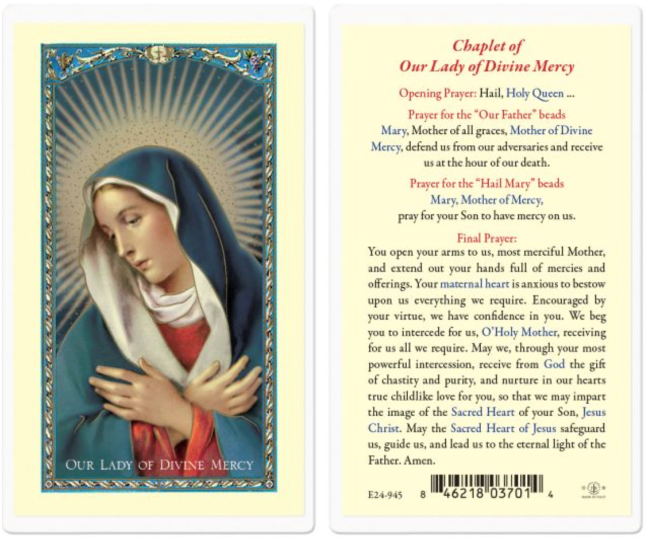 Our Lady of Divine Mercy Holy Card