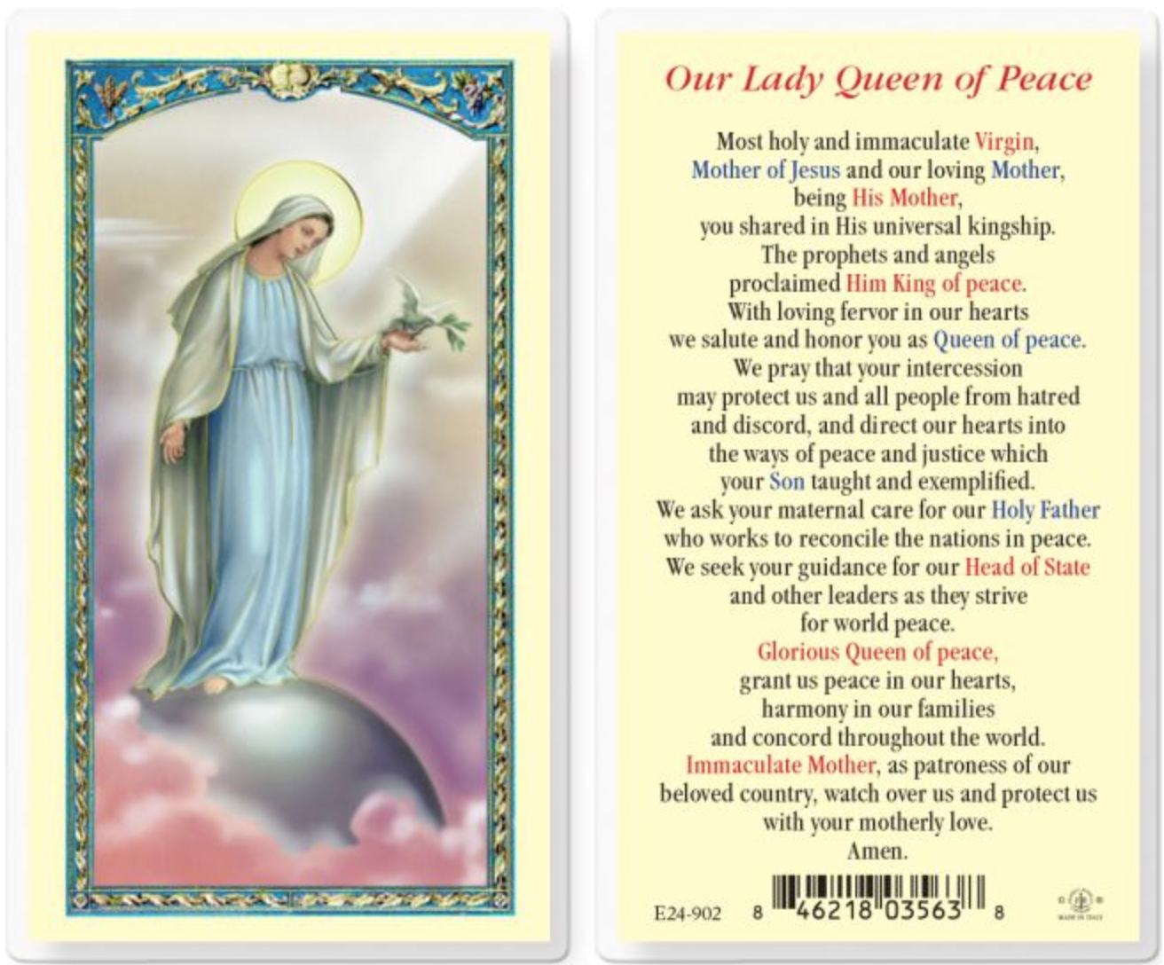 Our Lady Queen of Peace Holy Card
