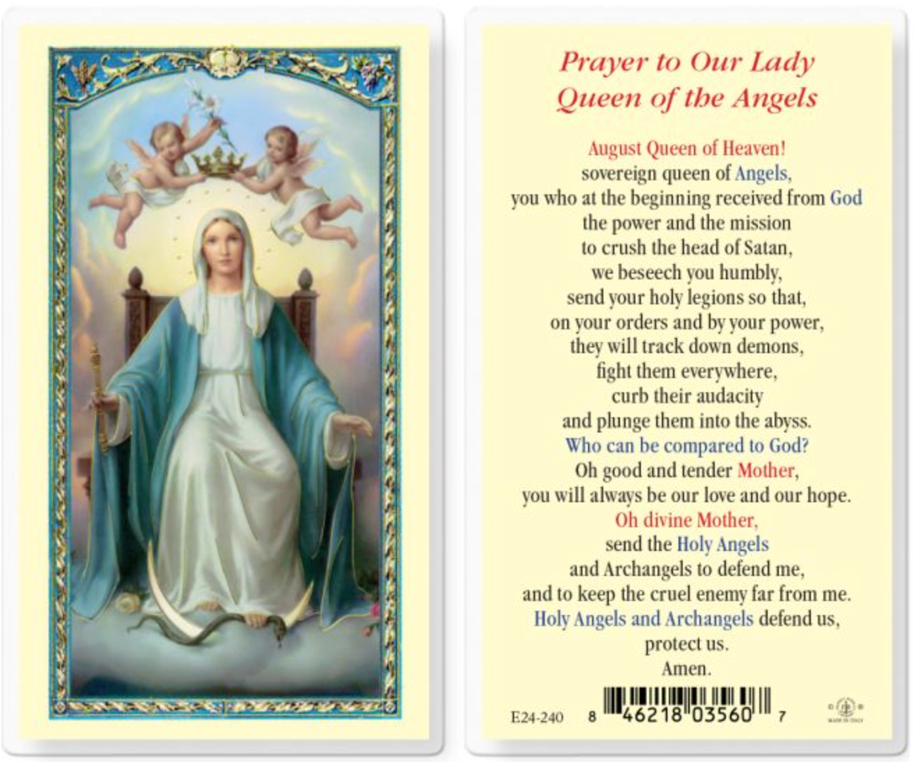 Our Lady Queen of the Angels Holy Card