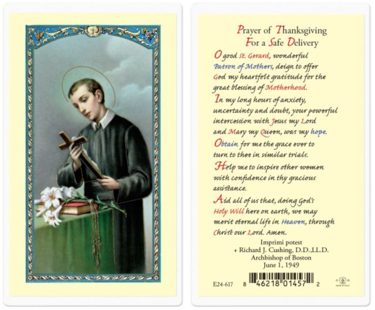 Saint Gerard Thanksgiving Prayer Holy Card