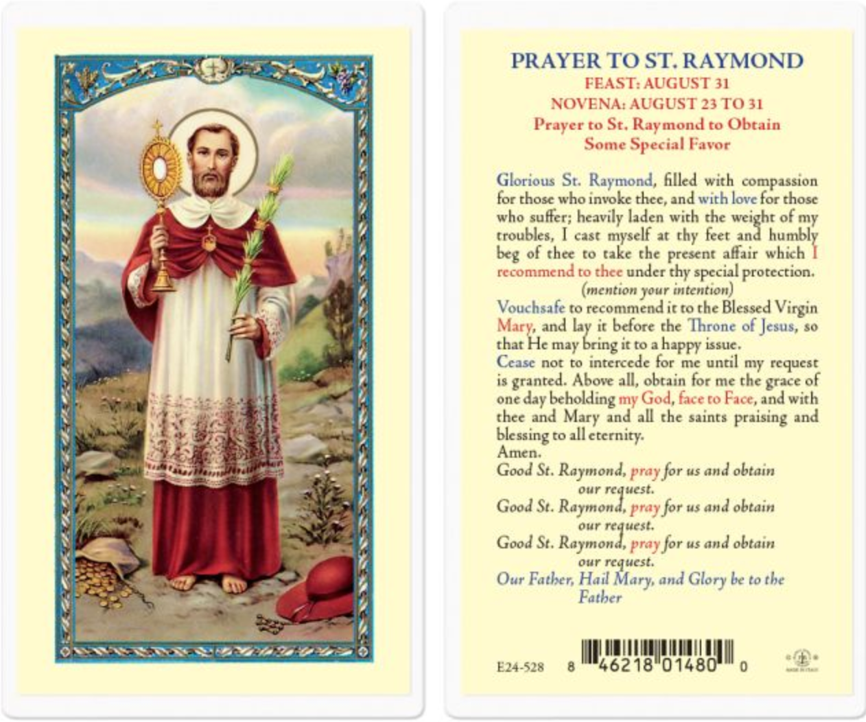 Prayer to Saint Raymond Holy Card