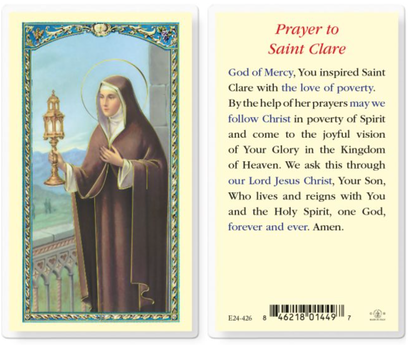 Saint Clare Holy Card