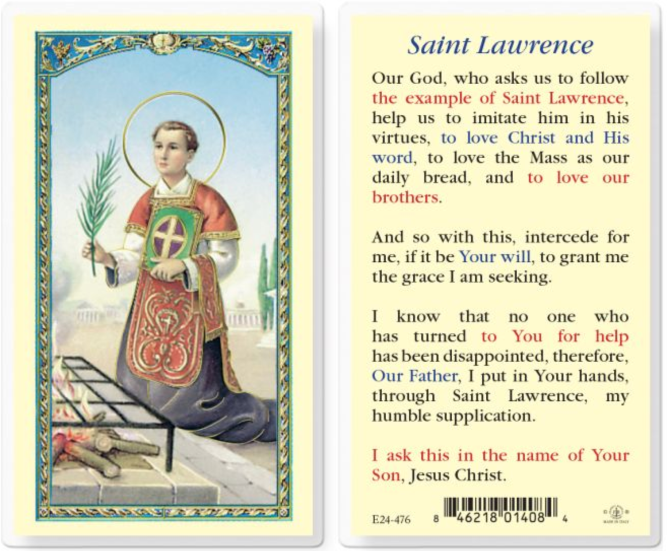 Saint Lawrence Holy Card