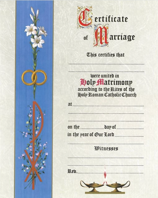 Marriage certificate with decorative elements on a blue and white background