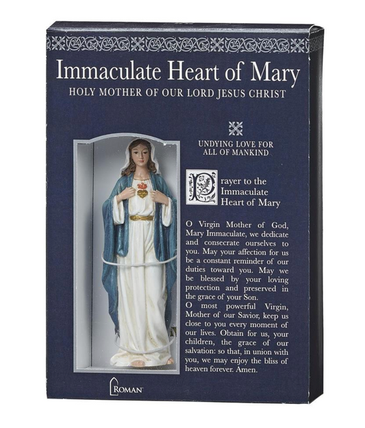 A boxed devotional item labeled 'Immaculate Heart of Mary' with a dark navy front panel, white text, a small statue photo, and the Roman logo at the bottom.