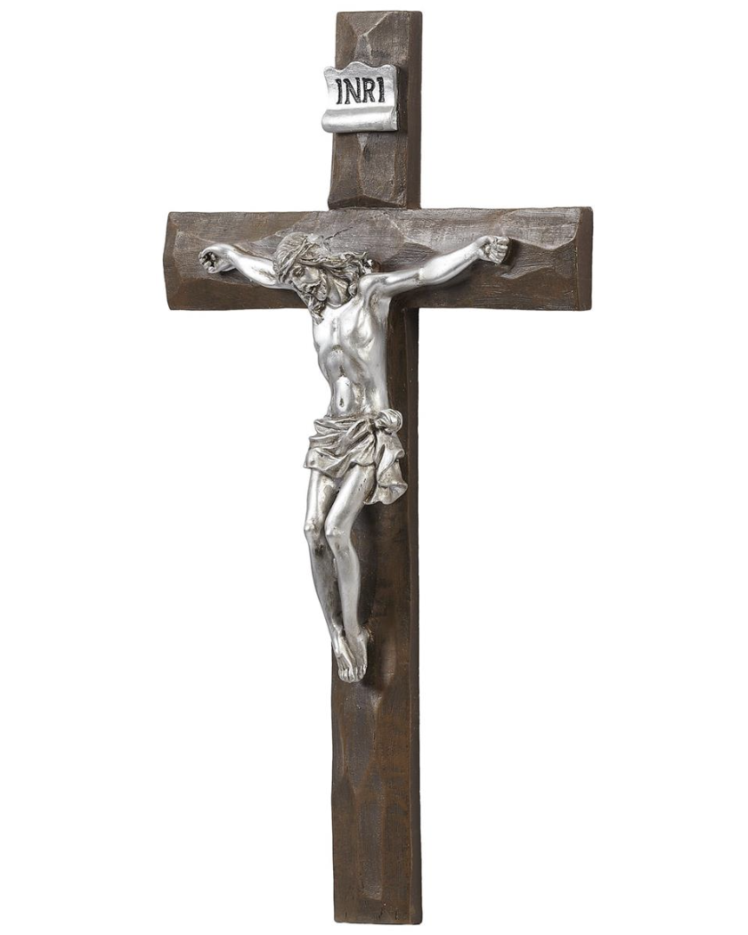 Hand-Carved Wood Effect with Silver Crucifix 11.5"