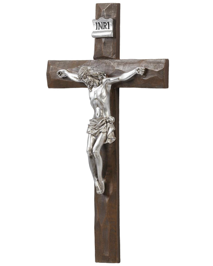 Hand-Carved Wood Effect with Silver Crucifix 11.5"