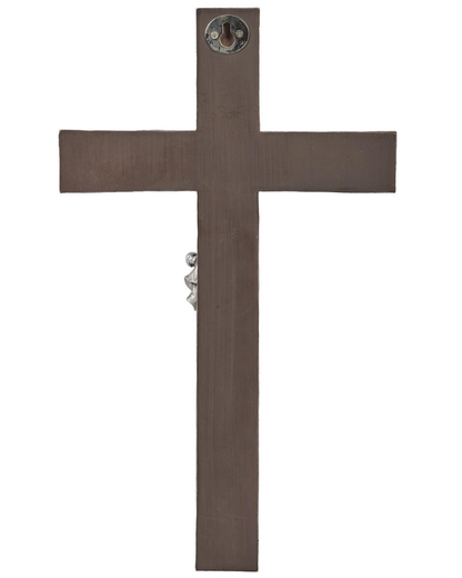 Hand-Carved Wood Effect with Silver Crucifix 11.5"