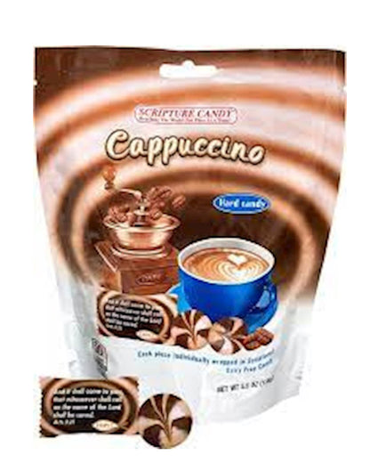 Cappuccino-themed candy package with a cup of cappuccino and chocolate swirls on a white background.
